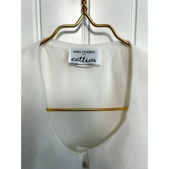 Vintage Ann Hobbs Cattiva Organza Bow Blouse XS White 80s Couture Wedding USA